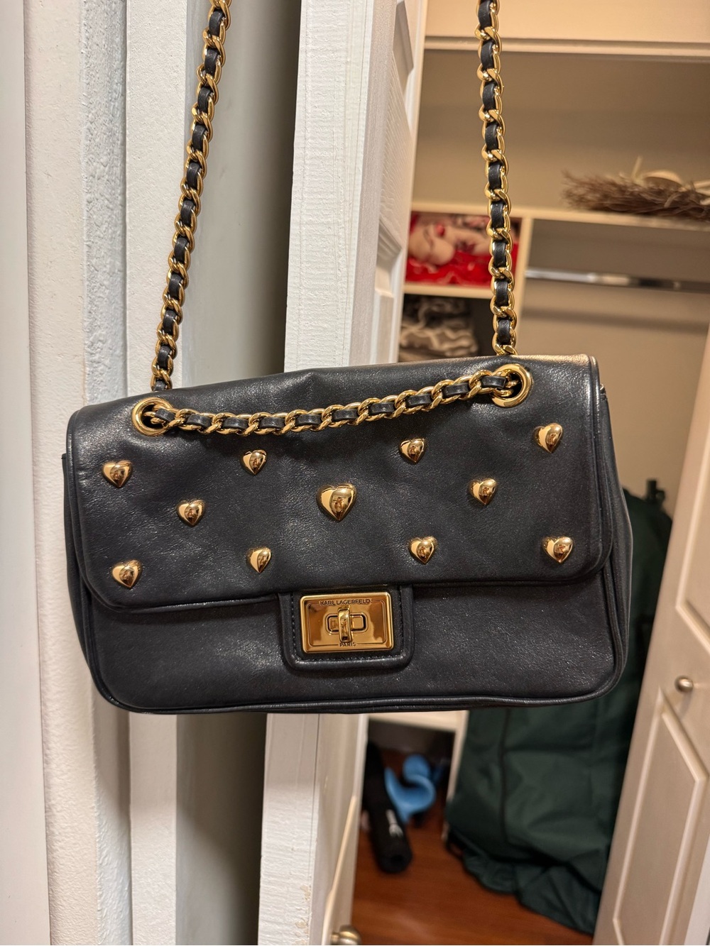 Karl Lagerfeld Black Leather Chain Shoulder Bag with Gold Heart Studs